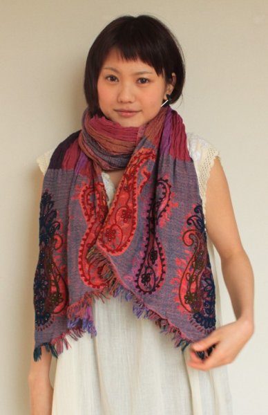 画像4: 軽いウールガーゼの刺繍ストール　 (4)