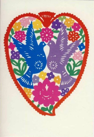 画像1: グリーティングカード「メキシコの切り絵（鳥・ハート）」