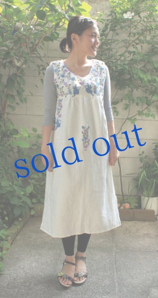 画像2: 麻リネン・メキシコ刺繍 ワンピース (2)