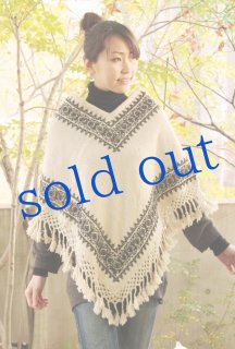手織り生地手刺繍綿糸ネイビー紺×白刺繍メキシコのポンチョ
