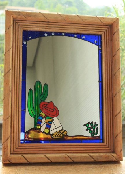画像1: メキシカンデザイン木製枠ステンドペイント鏡 (1)