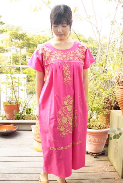 画像1: 定番メキシコ刺繍ワンピース　