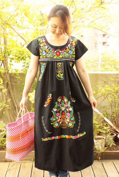画像1: 定番メキシコ刺繍レース袖ワンピース　