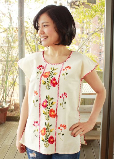 画像1: メキシコ刺繍ウィピルトップス